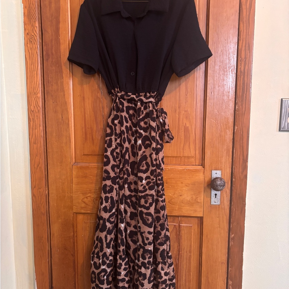 SHEIN Black and Brown Leopard Print Midi Dress